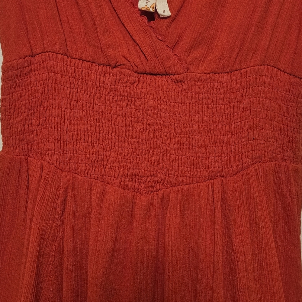 Maeve Anthropologie Red Smocked Waist Cotton Midi Dress Sz 6 Boho Cottagecore - Picture 3 of 9